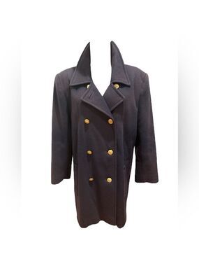 60s KAREN GRUNGE DISTRESSED WOOL NAVY PEA COAT W BRASS CREST BUTTONS SZ XL